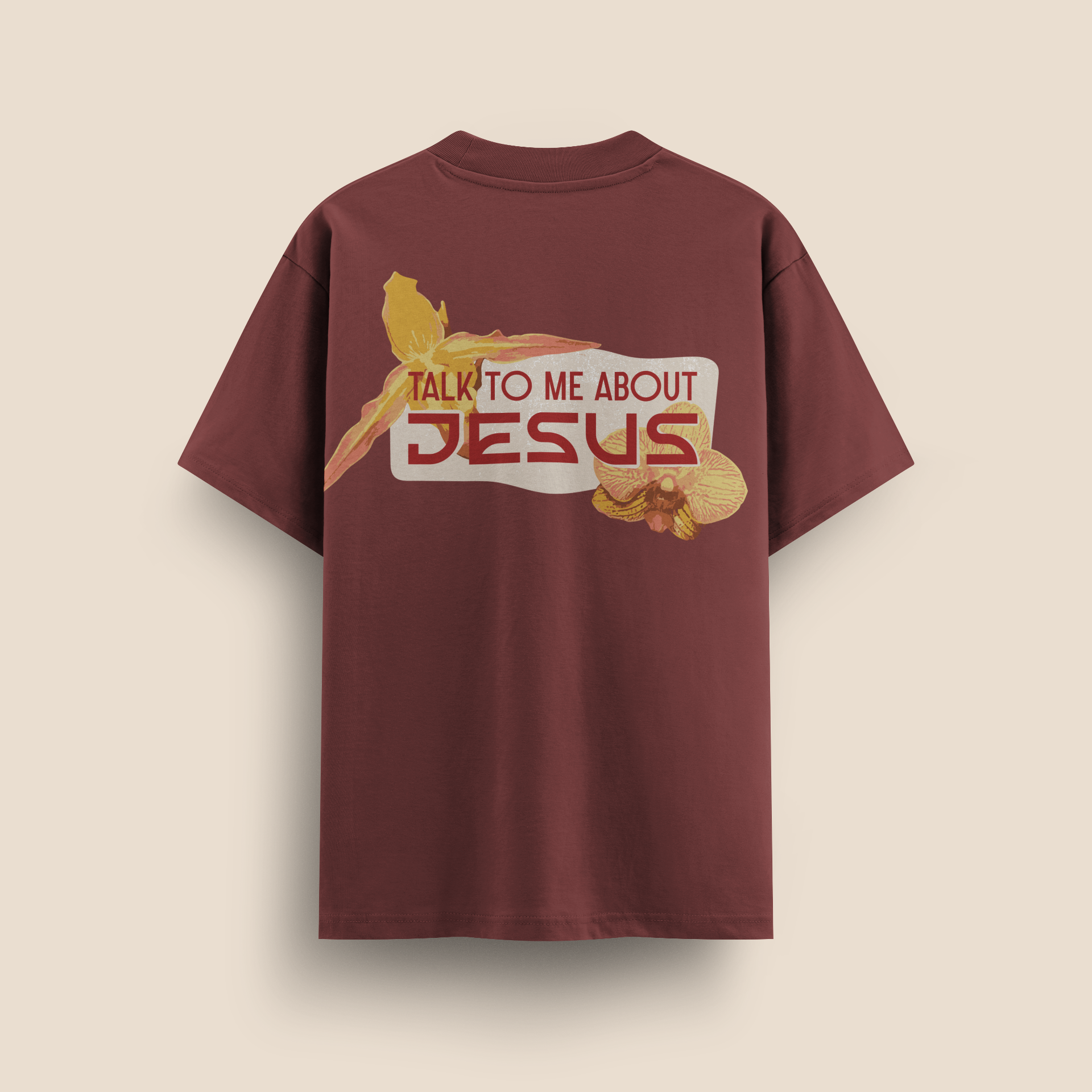 Espresso XIA Nomad T-shirt with Talk to me about Jesus back graphic