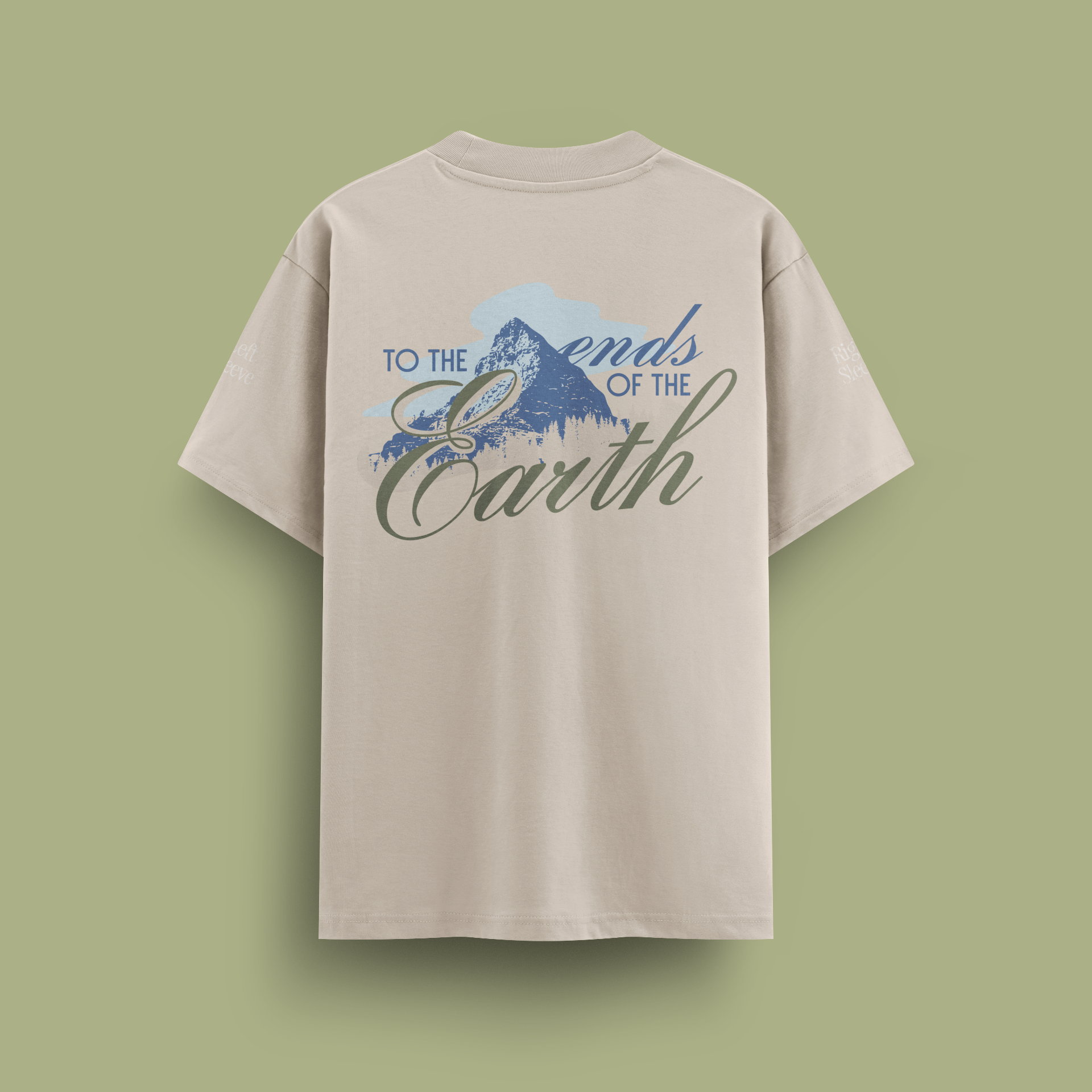 Cream XIA Nomad T-shirt with mountain artwork and Ends of the Earth back graphic